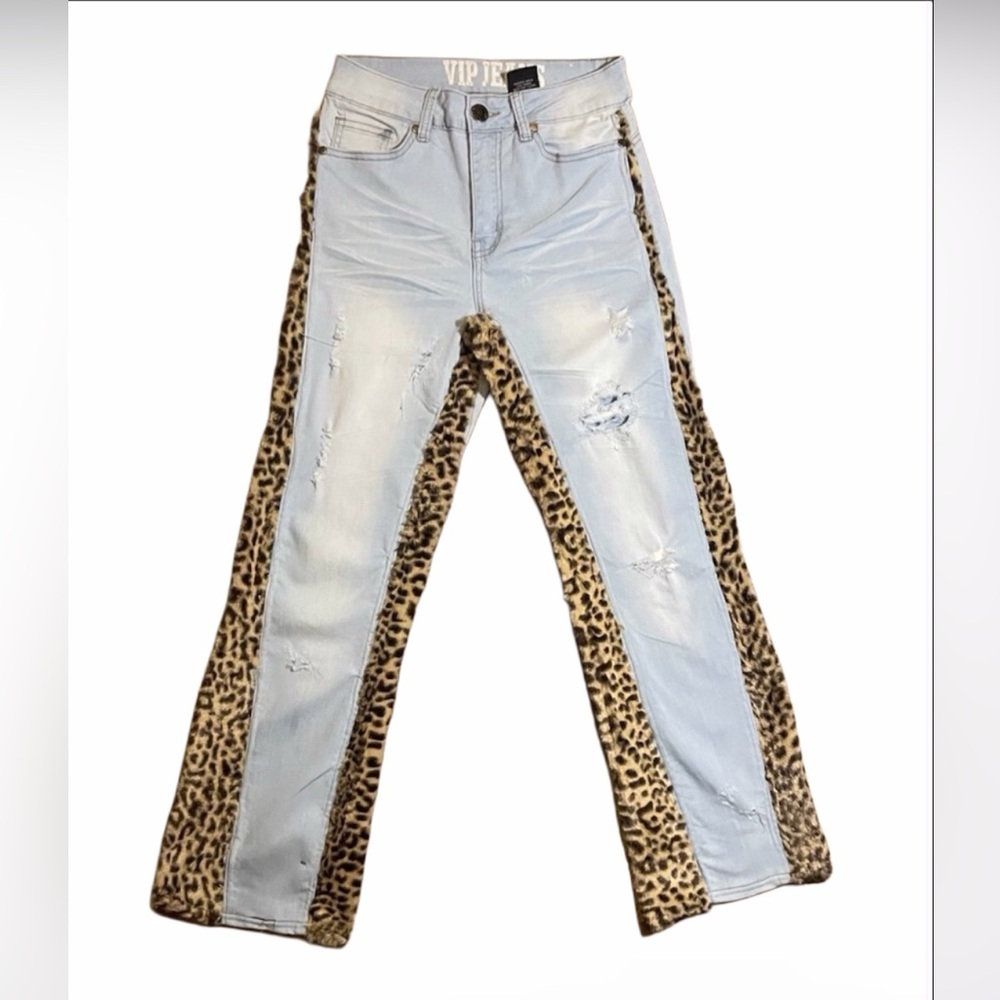 (Vipjeans) Light blue jeans cheetah fur fabric side flared and inseam 26x27